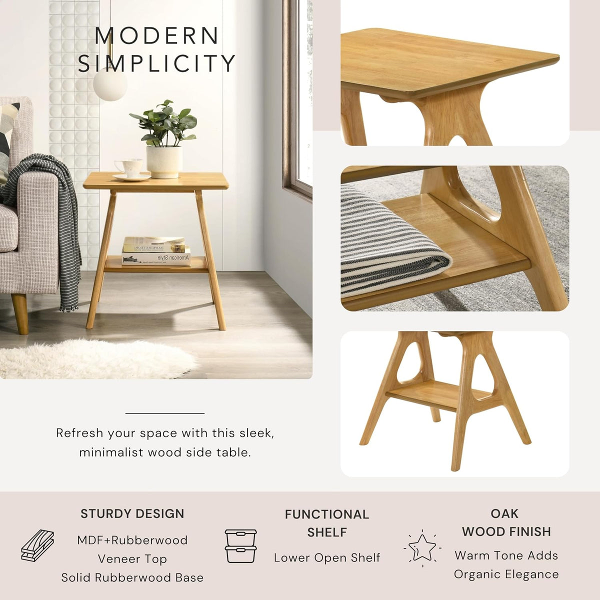Roundhill Furniture Arona Mid-Century Modern Wood Shelf End Table, Natural Oak Finish