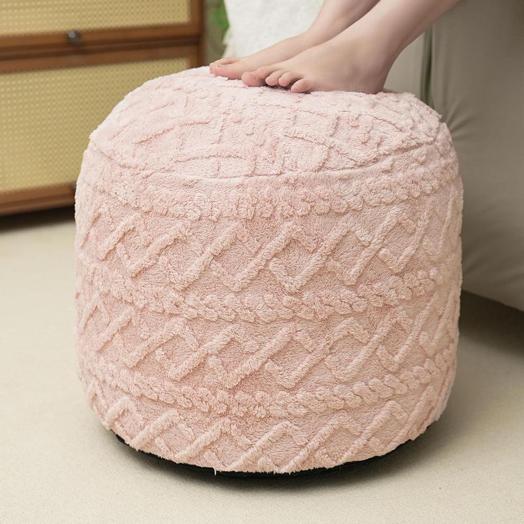 Round Stuffed Pouf Ottoman, Corduroy Poufs with Foam Chunk Filling, Furry and Fluffy Pouf Foot Stool Storage Pink 26"