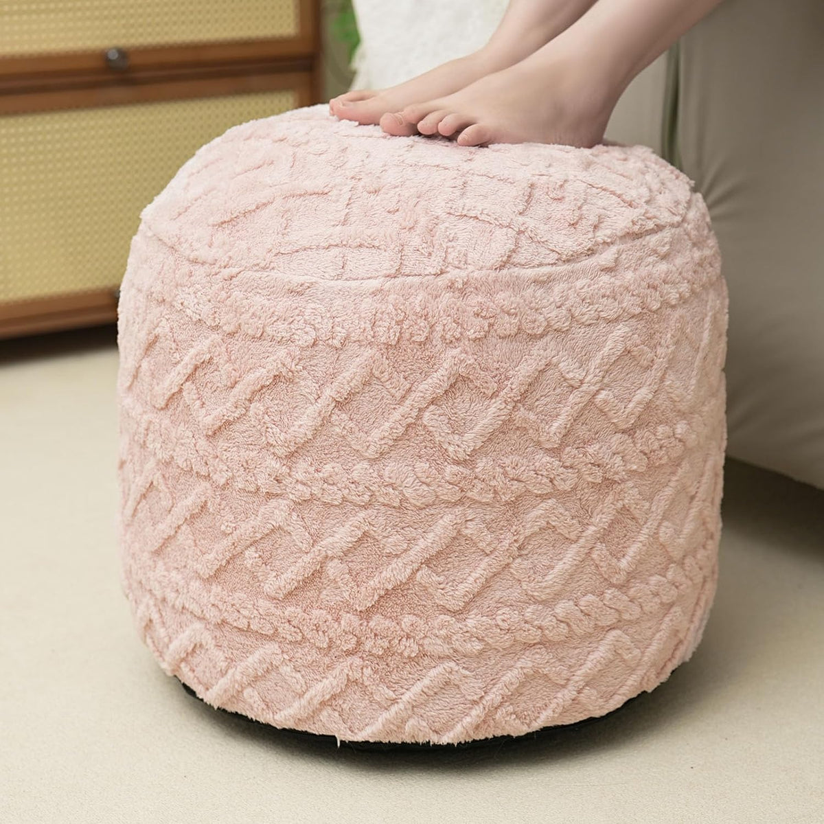 Round Stuffed Pouf Ottoman, Corduroy Poufs with Foam Chunk Filling, Furry and Fluffy Pouf Foot Stool Storage Pink 26"
