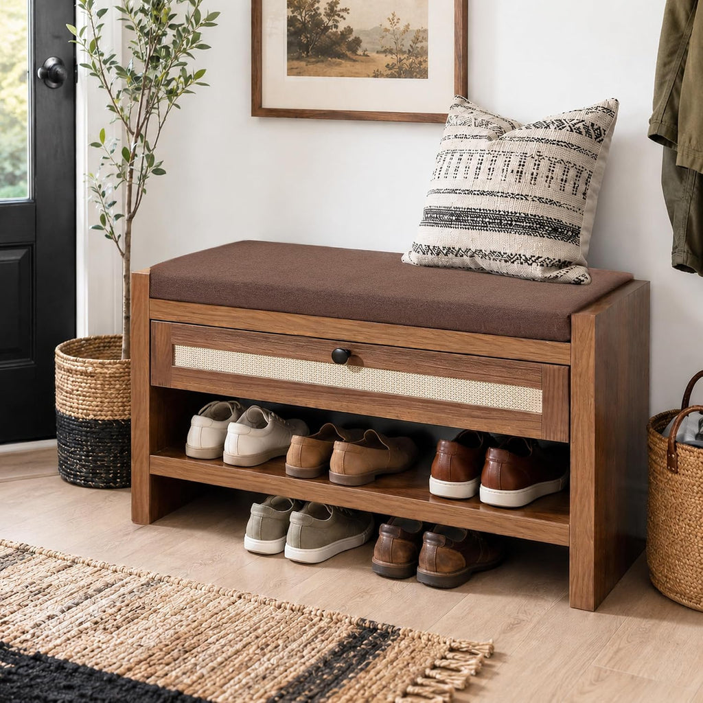 VipDesk Rattan Shoe Bench with Storage Drawer and Cushion Seat, Walnut Wood Entryway Bench 330 lbs Capacity, Waterproof for Hallway, Bedroom, Living Room