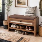 VipDesk Rattan Shoe Bench with Storage Drawer and Cushion Seat, Walnut Wood Entryway Bench 330 lbs Capacity, Waterproof for Hallway, Bedroom, Living Room