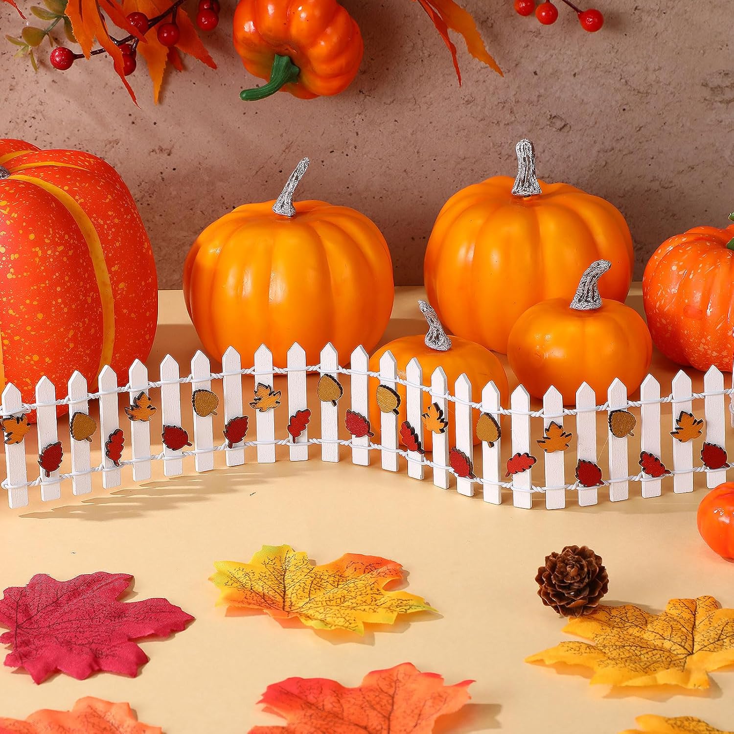 Thyle Thanksgiving DIY Mini Fairy Garden Fence Fall Wood Picket Crafts with 35 Inches Wood Picket Fence 100 Wooden Leaves and Glue for Autumn Centerpieces Thanksgiving Activity(White)