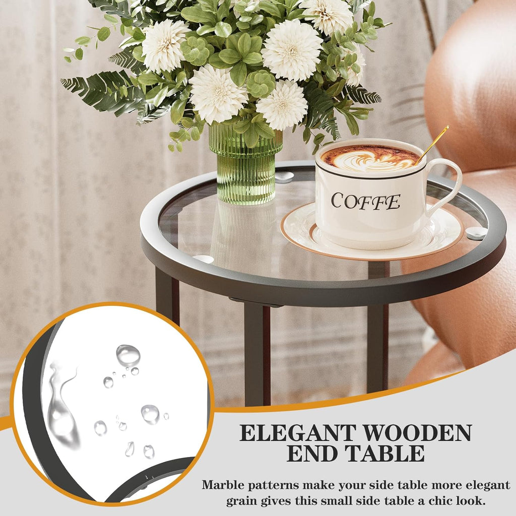 Easy Paws Round Side Table,Glass C Shaped Table,Couch End Table, Tempered Glass Snack Table with Metal Frame, Sofa Couch Bedside Table,TV Tray Table for Small Space(Black,2pcs)