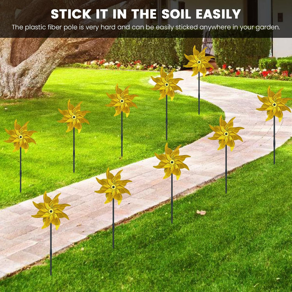 10 PCS Reflective Pinwheels for Yard and Garden Bird Devices Pre-Installed Sparkly Wind Spinner Deterrent to Scare Birds Away from Yard Patio Farm (Yellow)