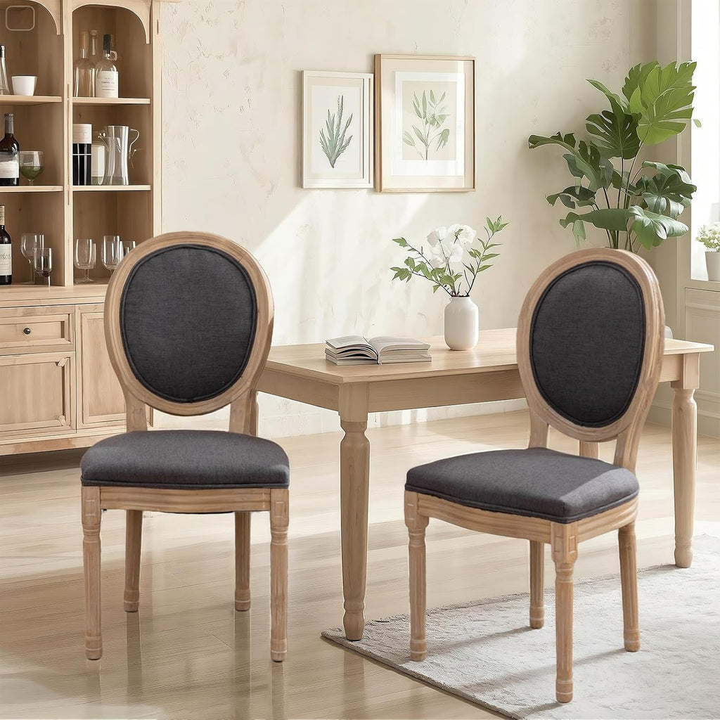 French Country Dining Chairs Set of 4, Upholstered Dining Room Chairs with Round Back, Solid Wood Legs, Oval Side Chairs for Kitchen,Bedroom,Dining Room,Restaurant(Dark Grey-Fabric)