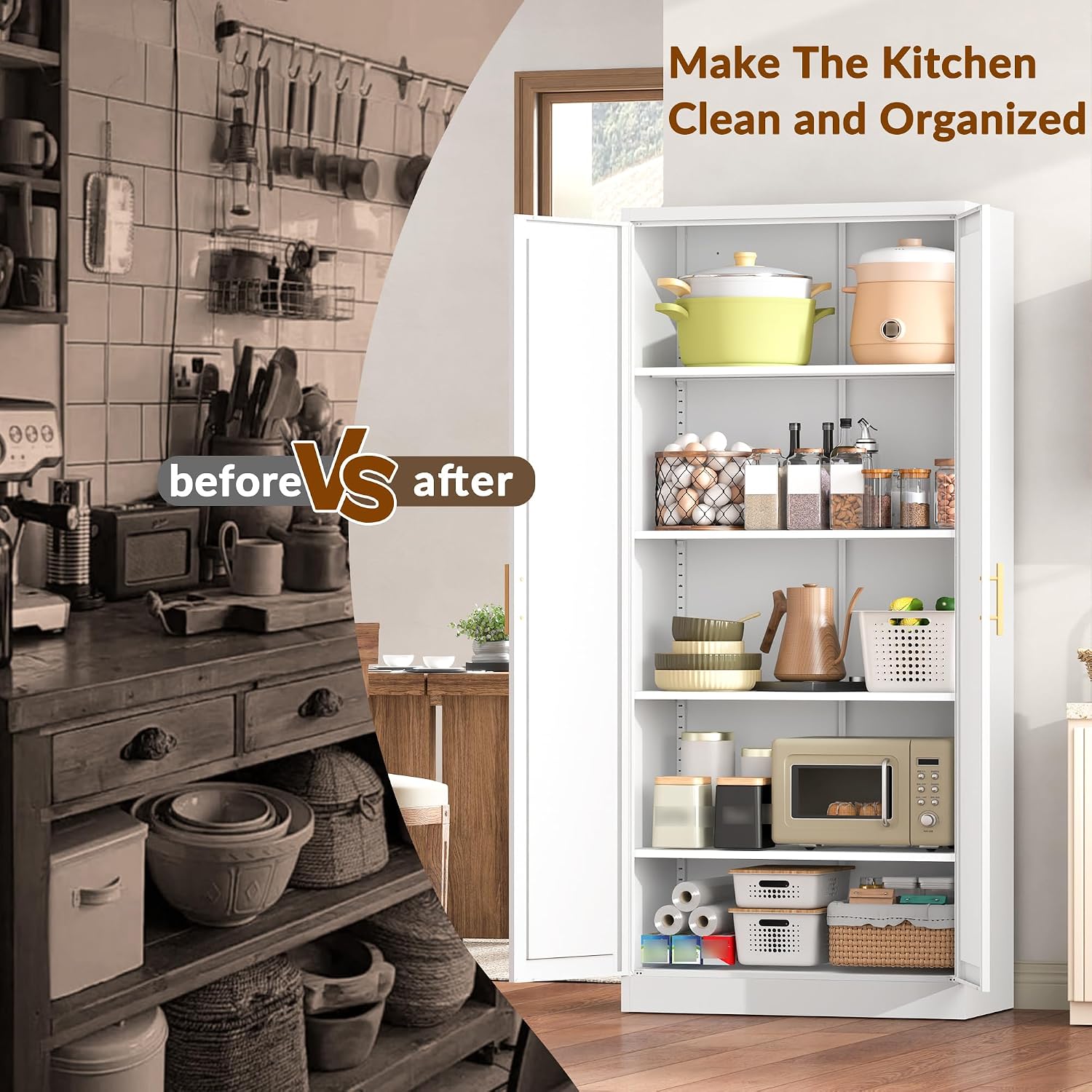 CJF White Kitchen Pantry Cabinet,71 Inch Tall Metal Storage Cabinet with 4 Adjustable Shelves and Doors, Freestanding Pantry Cabinet for Kitchen, Living Room, Dining Room, Bathroom, Easy to Assemble