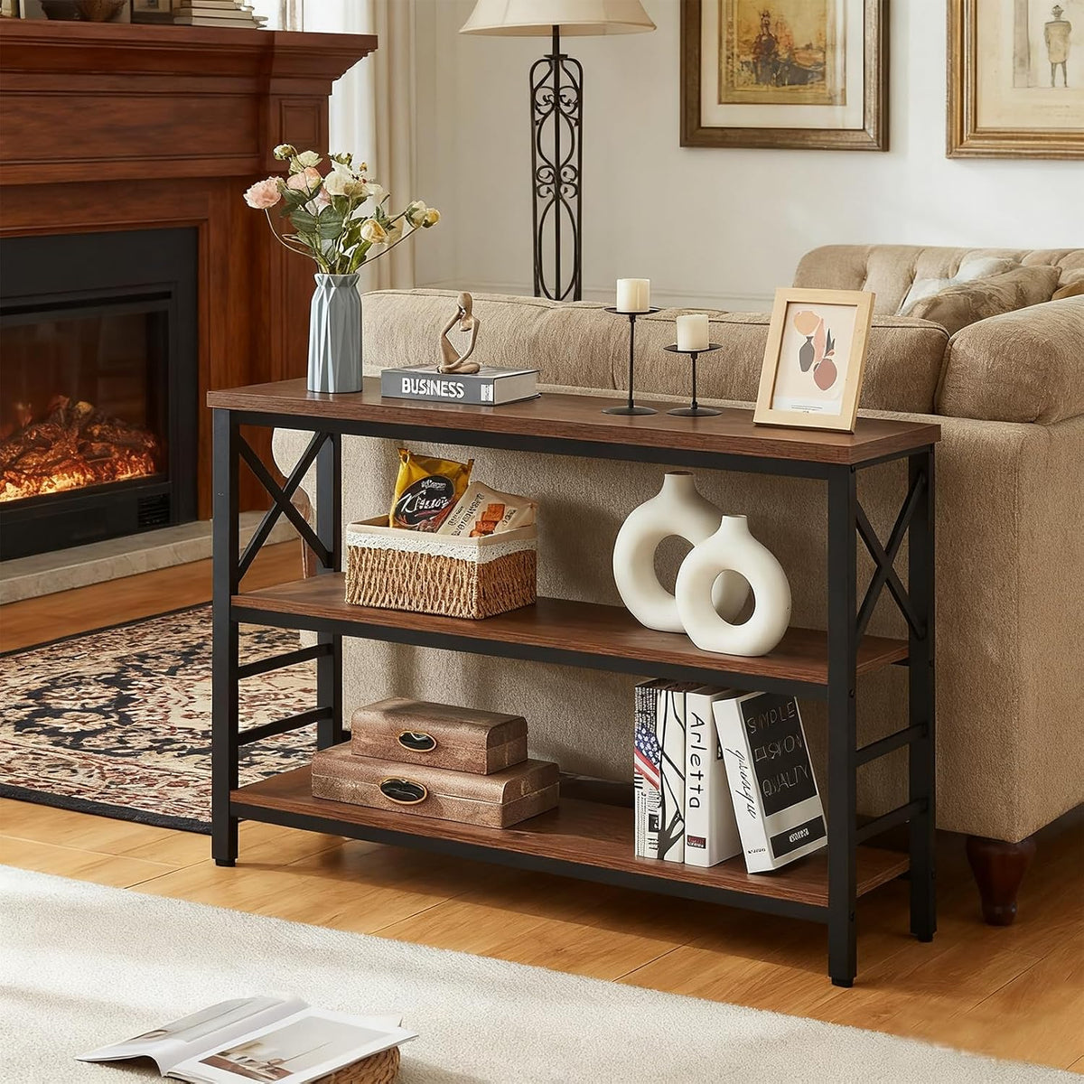 Hombazzar 3-Tier Sofa Table,Console Tables for Entryway,Brown 47" | Stable Support,Multi-functional use for home,Easy Assembly,Scratch Resistant & Rustproof