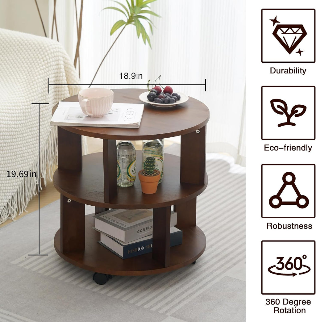 Solid Wood Coffee Table with Wheels,Modern Rolling Side Table for Living Room,Mobile Bedside End Table - Easy Assembly- Finish Circle Center Table with Lockable Casters
