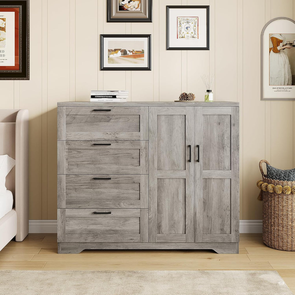IDEALHOUSE 43.3'' H Armoire Wardrobe Closet with 4 Drawers and 2 Doors, Hanging Rod, Multifunctional Wooden Dresser with Storage Closet, Bathroom Cabinet for Bedroom, Gray