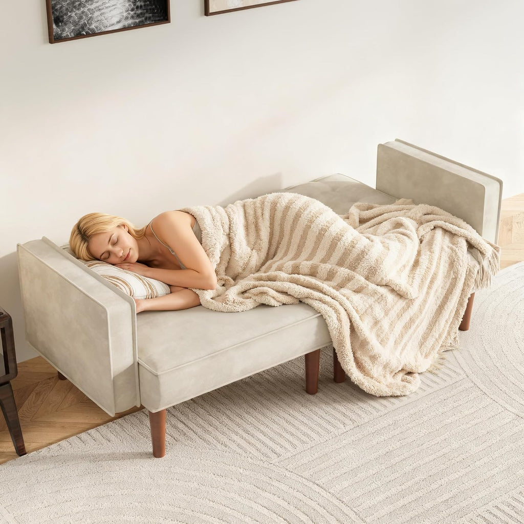 Furnify 71" Velvet Futon Sofa Bed, Versatile Loveseat Couch, Sleeper Sofa with Adjustable Backrest, Mid Century Modern Futon Couch for Small Space, Living Room, Office & Apartment, Velvet Fabric Beige