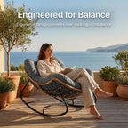 Oversized Papasan Rocking Chair Outdoor, Comfy Wicker Patio Papasan Egg Rocker with Thick Cushion for 450 lbs, Indoor Lounge Reading Chair for Living Room, Porch, Garden, Balcony-Dark Gray