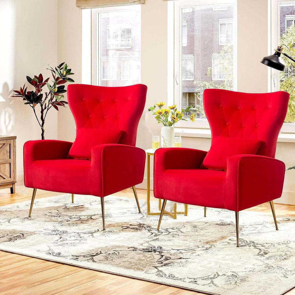 Velvet Accent Arm Chairs Set of 2, Mid-Century Modern Living Room Chair, Wingback Bedroom Side Chair with Gold Legs & Pillow, Button-Tufted, Red