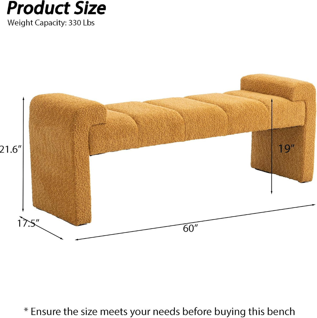 Boucle End of Bed Bench Upholstered Modern Bedroom Bench Channel Tufted Window Bench Comfy Long Ottoman for Living Room/Hallway/Indoor (Mustard, 60" Curved Arm)