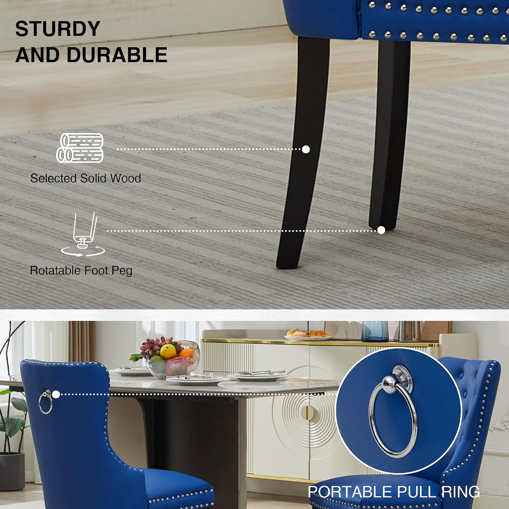 adochr PU Leather Dining Chairs Set of 6, Tufted Upholstered Dining Room Chair with Pull Ring and Solid Wood Legs, Blue
