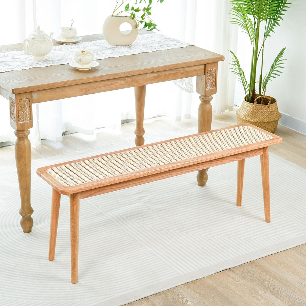 Entryway Bench, Solid Wood Kitchen Dining Bench, Mid Century Modern End of Bed Bench with Rattan Woven Top for Bedroom, Dining Room, Entry Way, 39.37" L x 11.2" W x 17.7" H, Natural
