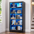 LVSOMT Bookcase with Glass Doors and LED Light, Home Office Bookshelf Black