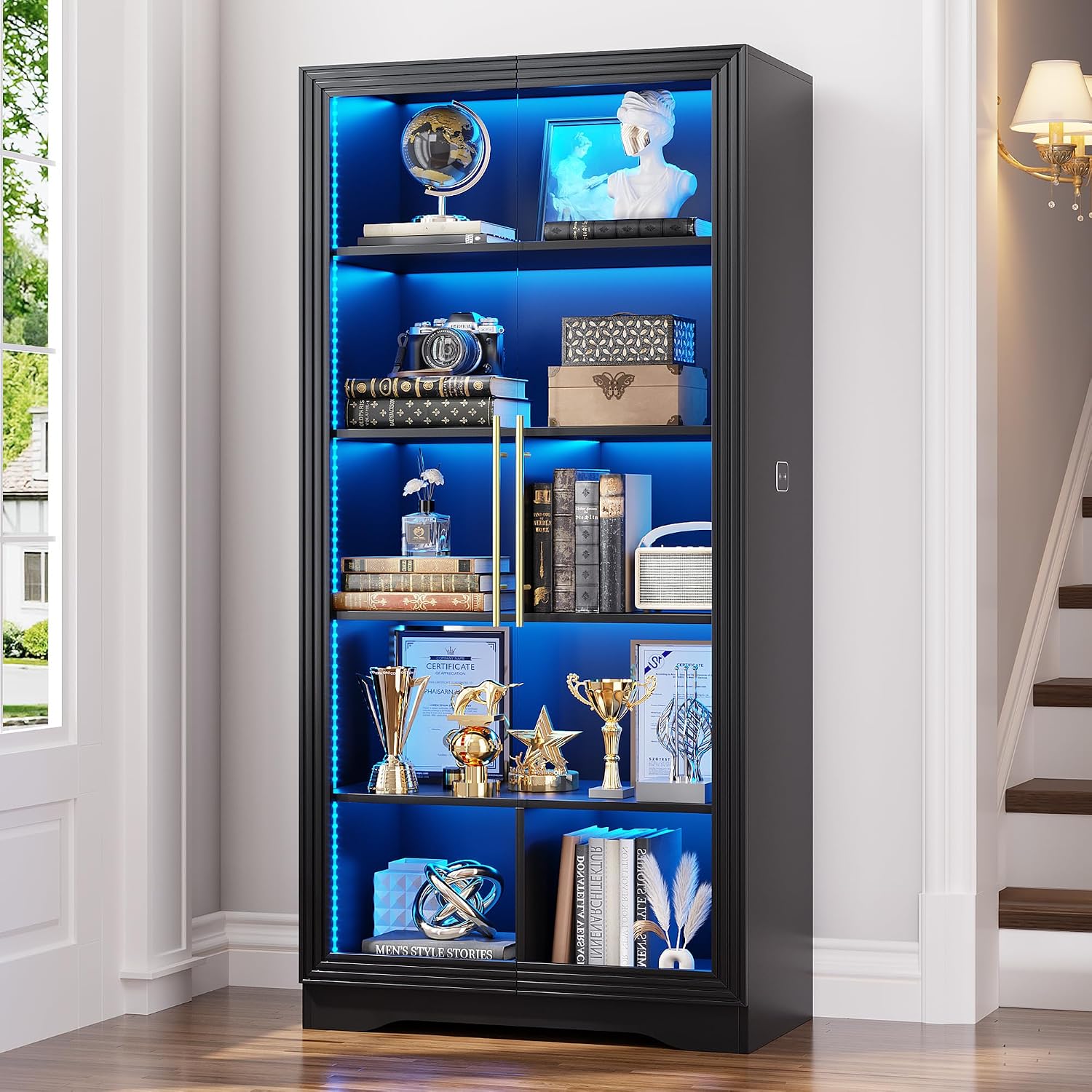 LVSOMT Bookcase with Glass Doors and LED Light, Home Office Bookshelf Black