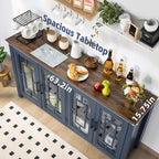 Joaxswe Large Sideboard Buffet Cabinet with Storage, 63" Farmhouse Navy Blue Kitchen Coffee Wine Bar Cabinet with 4 Glass Doors, Mid Century Modern Wood Side Board Table for Dining Room, Living Room