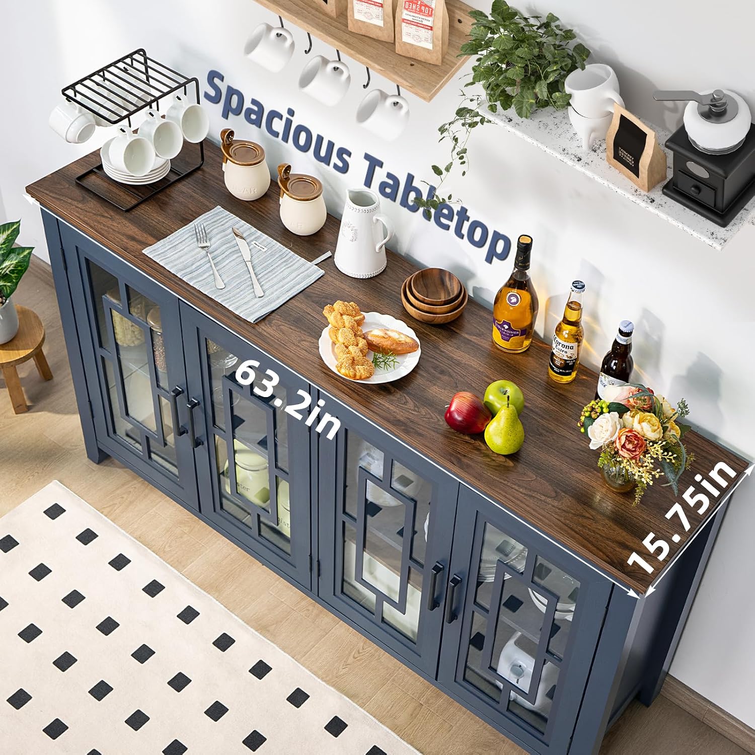 Joaxswe Large Sideboard Buffet Cabinet with Storage, 63" Farmhouse Navy Blue Kitchen Coffee Wine Bar Cabinet with 4 Glass Doors, Mid Century Modern Wood Side Board Table for Dining Room, Living Room