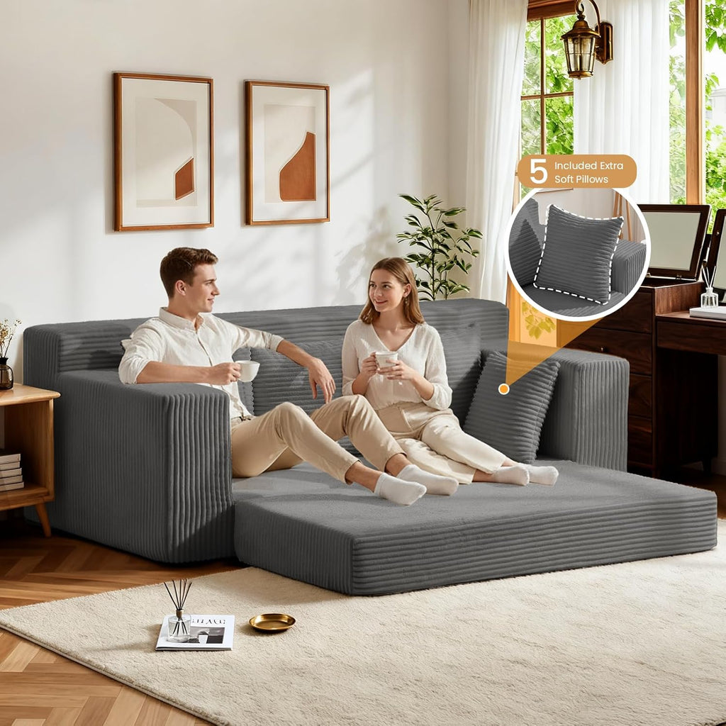 Oversized Loveseat, 3 Seater Pull Out Convertible Sofa Bed, 70" Gray Couch Fold Out Floor Couch Sleeper Sofa with 5 Pillows for Living Room Bedroom Lounge Small Space