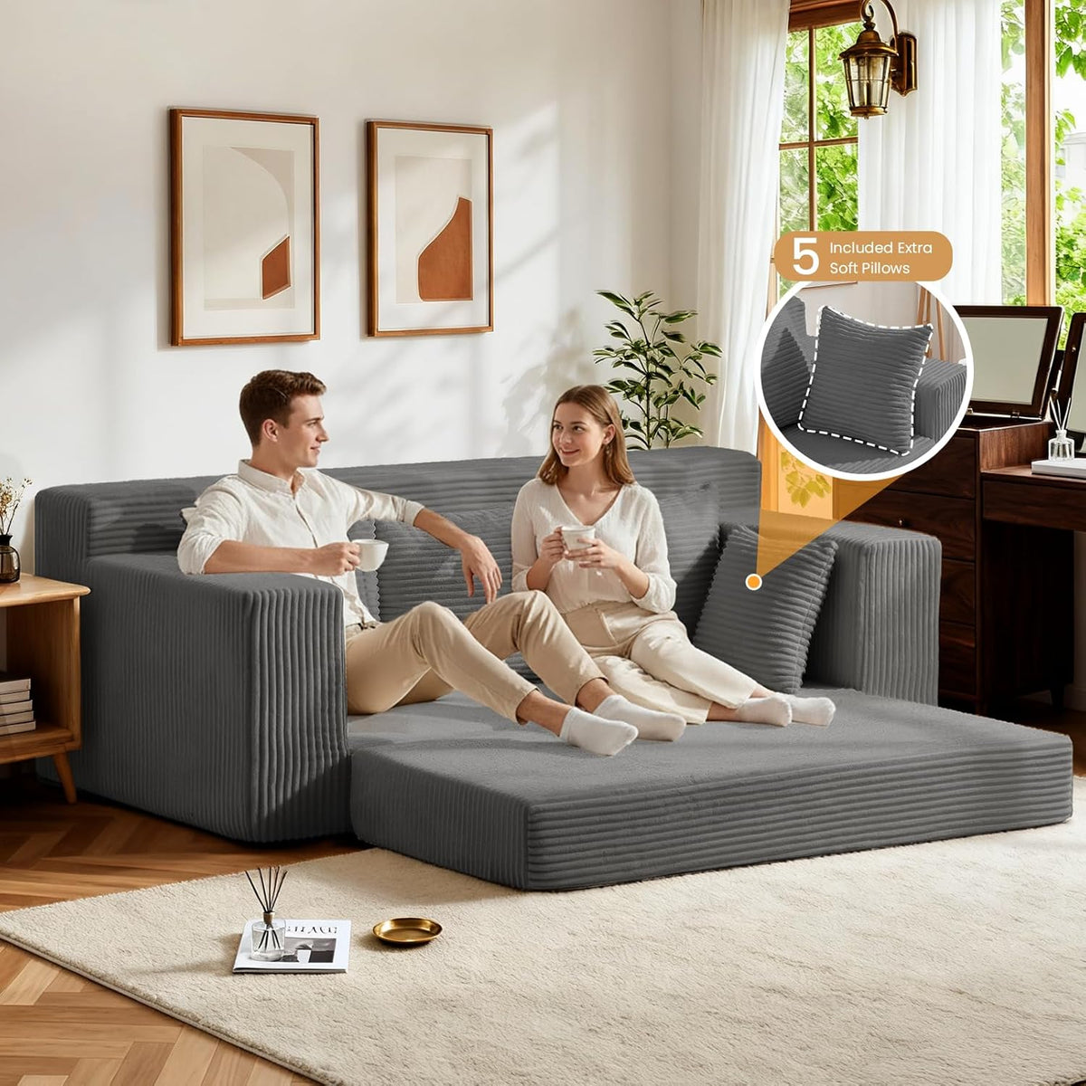 Oversized Loveseat, 3 Seater Pull Out Convertible Sofa Bed, 70" Gray Couch Fold Out Floor Couch Sleeper Sofa with 5 Pillows for Living Room Bedroom Lounge Small Space