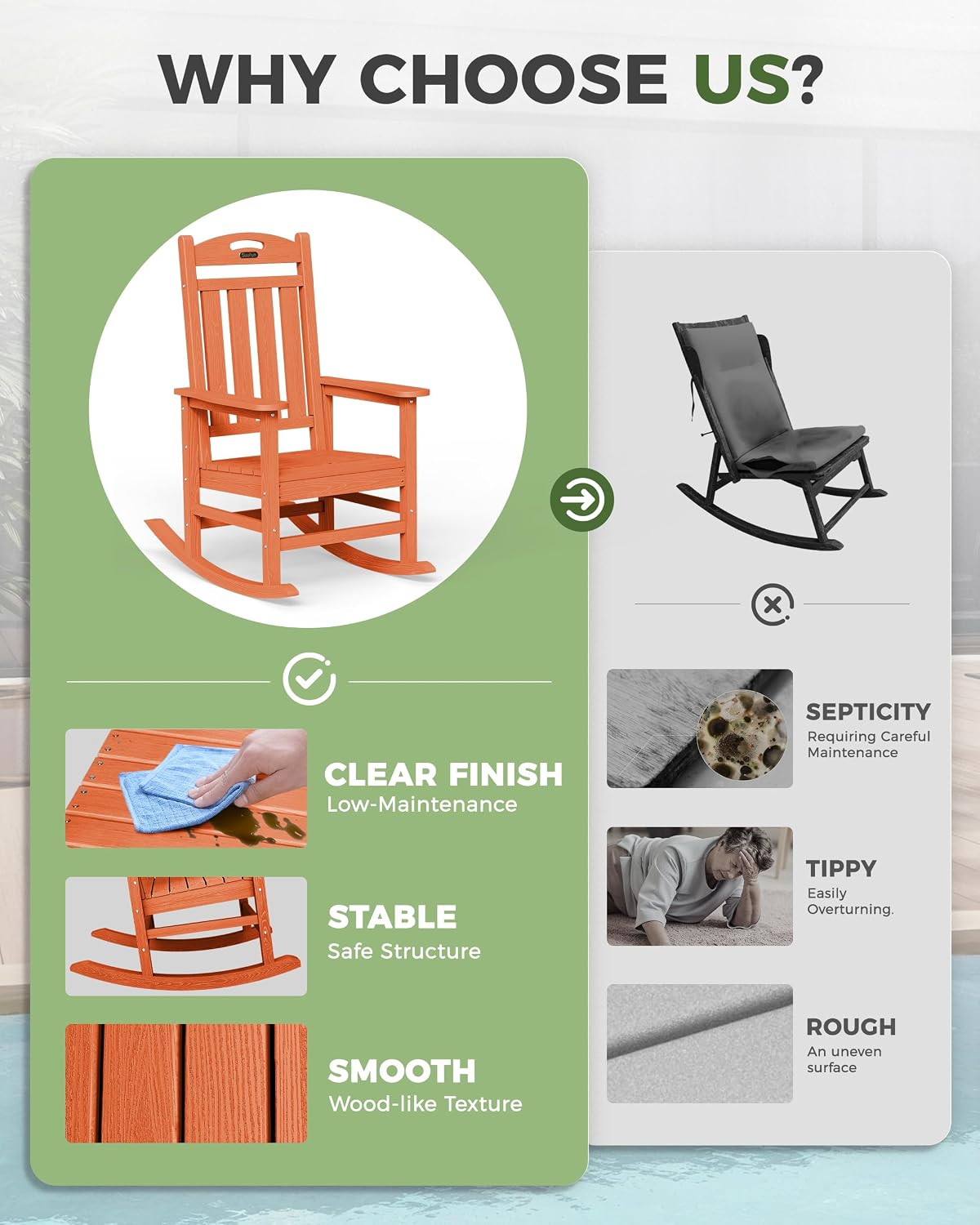 Oversized Outdoor Rocking Chair, High Back Porch Rocker Chair, HDPE All Weather Resistant Rocking Chairs for Patio, 380lbs Weight Capacity, Orange