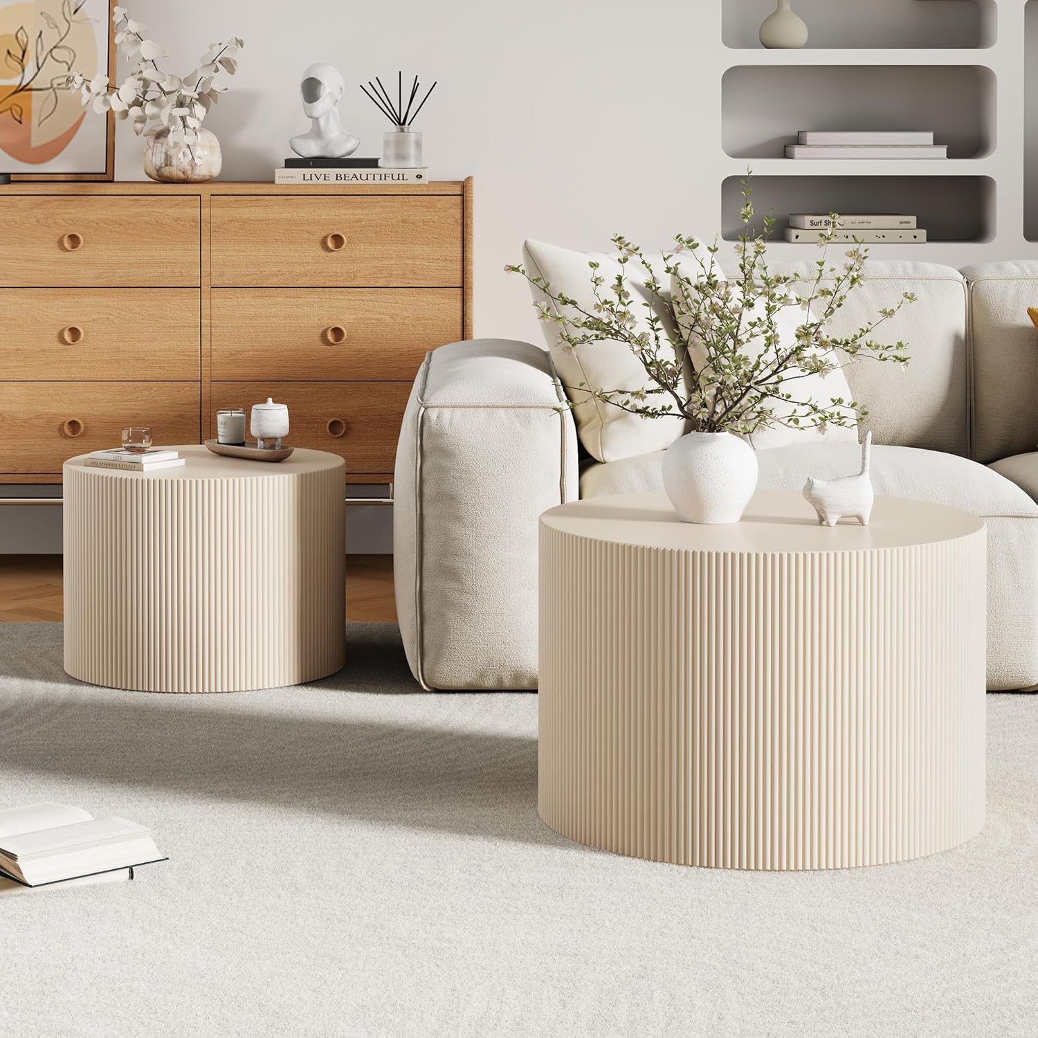 Round Coffee Table Set of 2, Modern Wooden Beige Nesting Coffee Tables for Living Room, No Assembly Required Circle Side Tables Set Accent End Table for Bedroom, Balcony