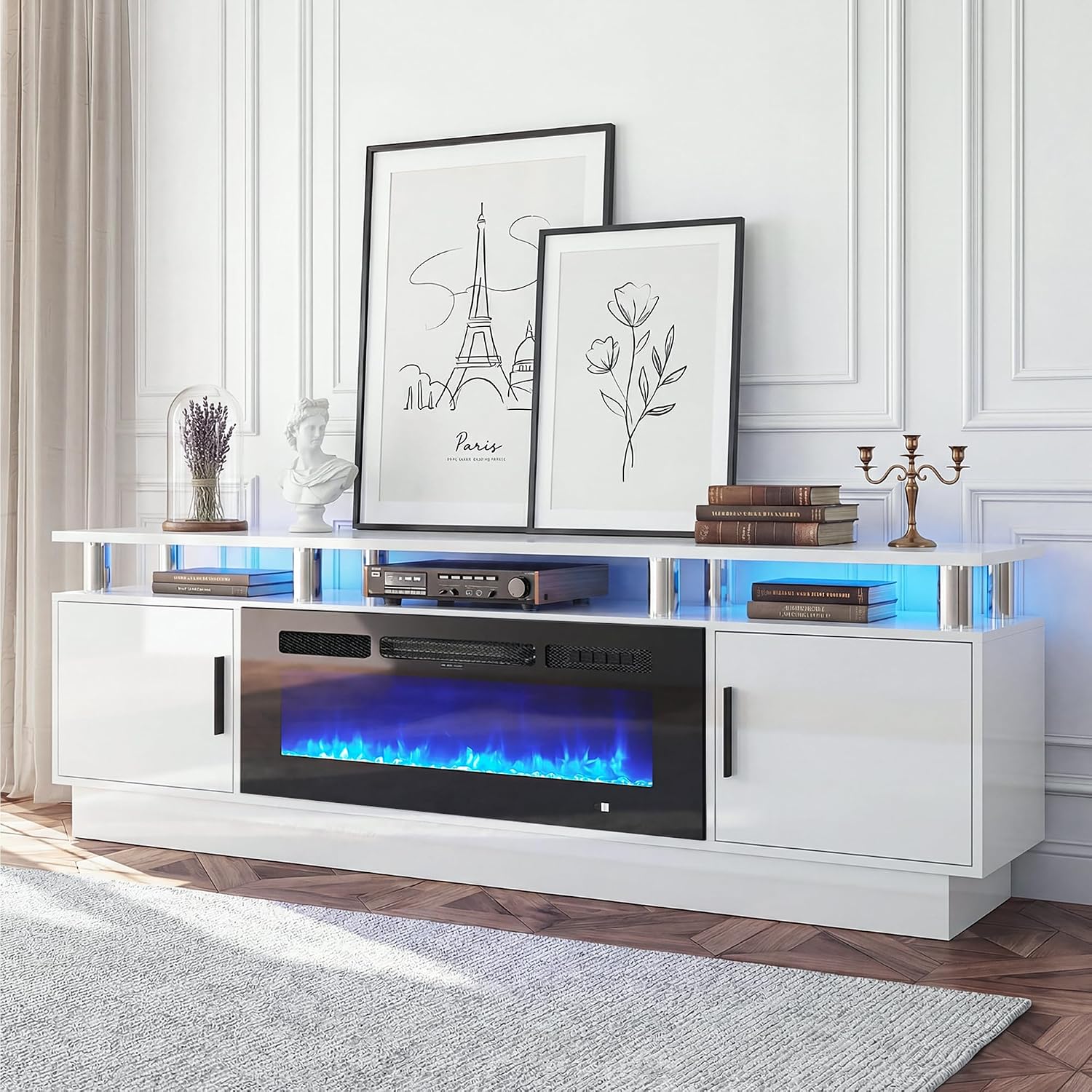70" Fireplace TV Stand for TVs UP to 80", Electric Fireplace Entertainment Center with LED Lights & Storage Cabinets, TV Console for Living Room, Office, White-Black