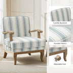 HULALA HOME Farmhouse Striped Accent Chair with Solid Wood Legs, Blue | Comfy Upholstered Patterned Armchair with Curved Armrests, Removable Cushion, for Living Room Bedroom Reading