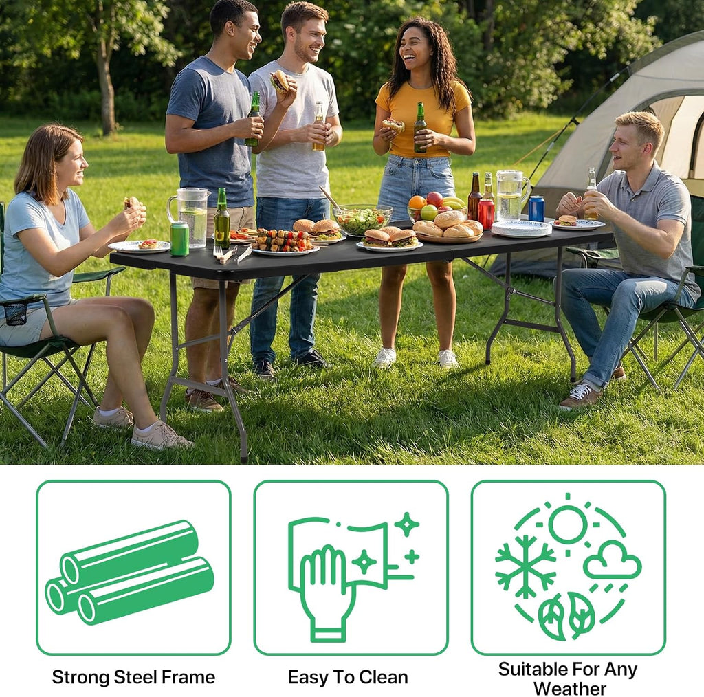 8Ft Folding Table Plastic Portable with Built in Handle & Steel Legs Black | 500LBS Capacity Portable Handle and Non-Slip Feet Indoor Outdoor Perfect for Parties, Dining, Weddings, Camping and BBQ