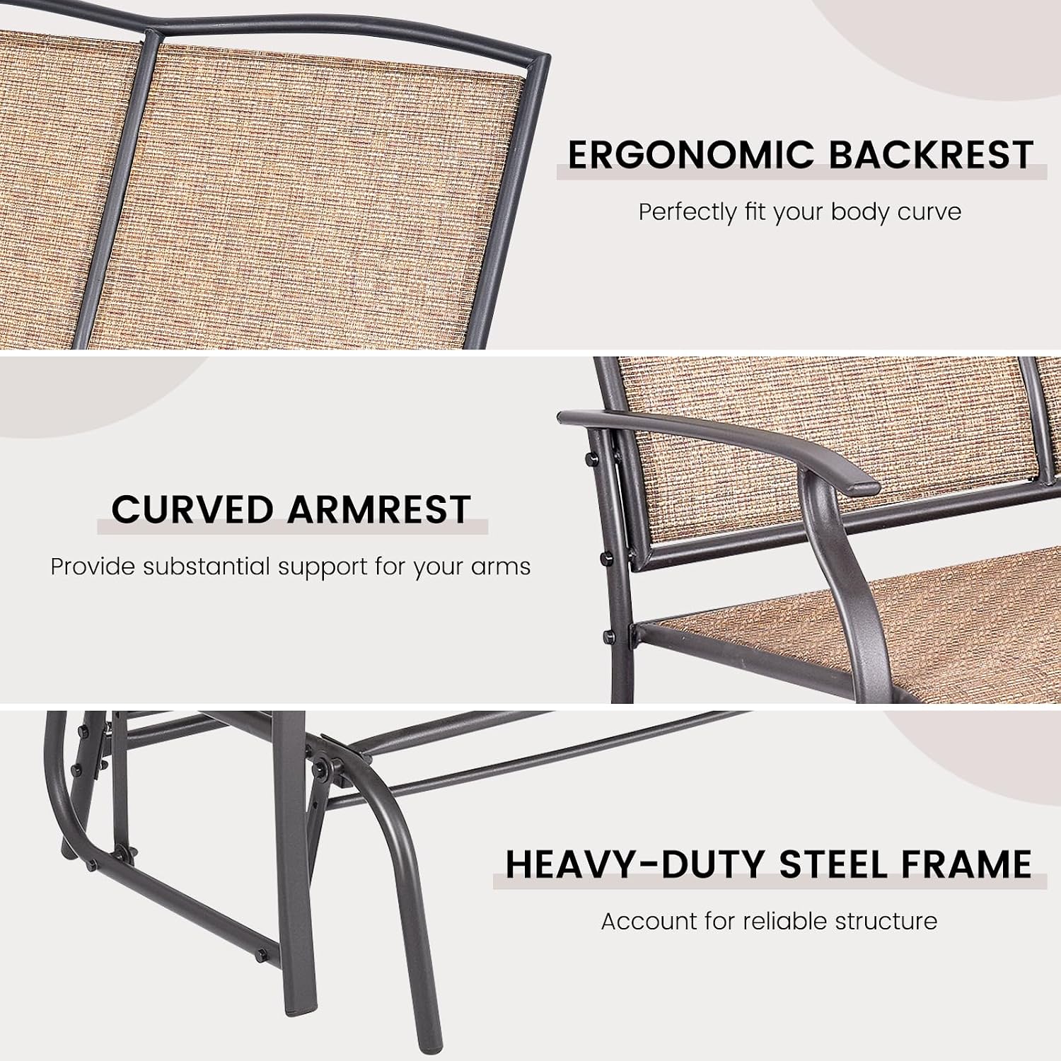 GIANTEX Patio Glider Benches for Outside, Swing Glider Chair w/Steel Frame | 400 LBS Capacity, Patio Swing Rocker, 2-Person Loveseat for Backyard, Poolside, Lawn, Balcony, Porch Glider Bench(Brown)