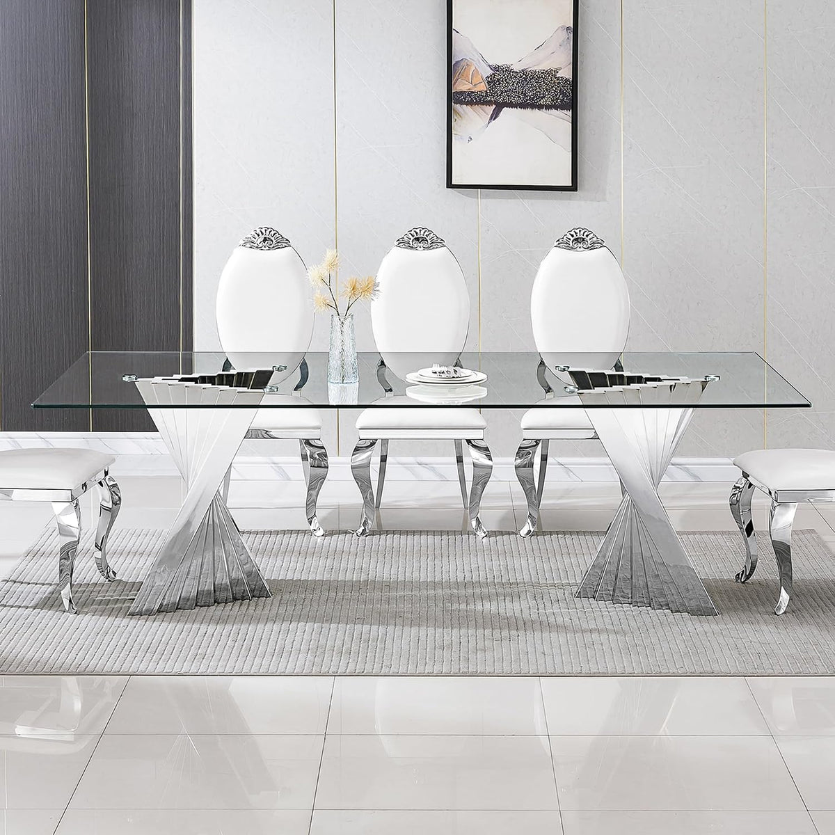 94" Glass Dining Table for 8-10, Large Luxury Kitchen Table with Tempered Glass Minimalist Tabletop and Silver Stainless Steel Pedestal for Dining Room (Table Only)