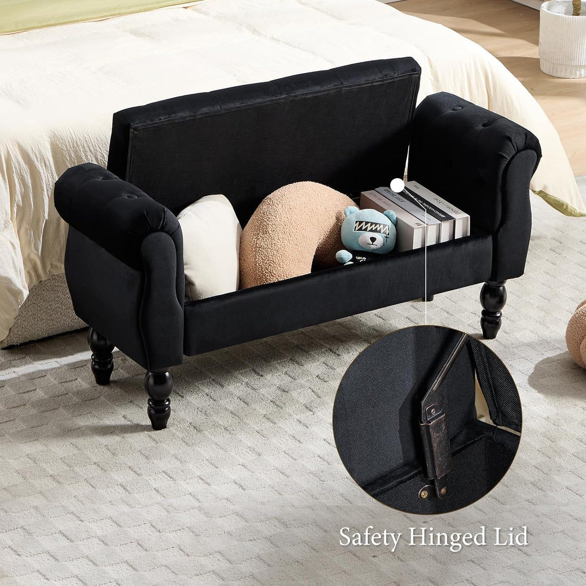 47″ Storage Bench with Arms End of Bed Bench,Velvet Entryway Bench with Storage, Button Tufted Upholstered Ottoman Bench Wood Legs, Window Sitting Bench for Bedroom/Living Room/Hallway, Black