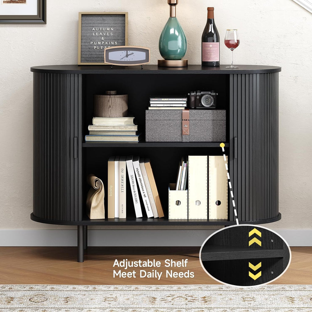 Buffet Cabinet with Storage, Fluted Sideboard Buffet with Sliding Door, Coffee Bar Cabinet with Adjustable Shelf, Console Table, Accent Table for Entryway, Kitchen (Black, 40 Inch)