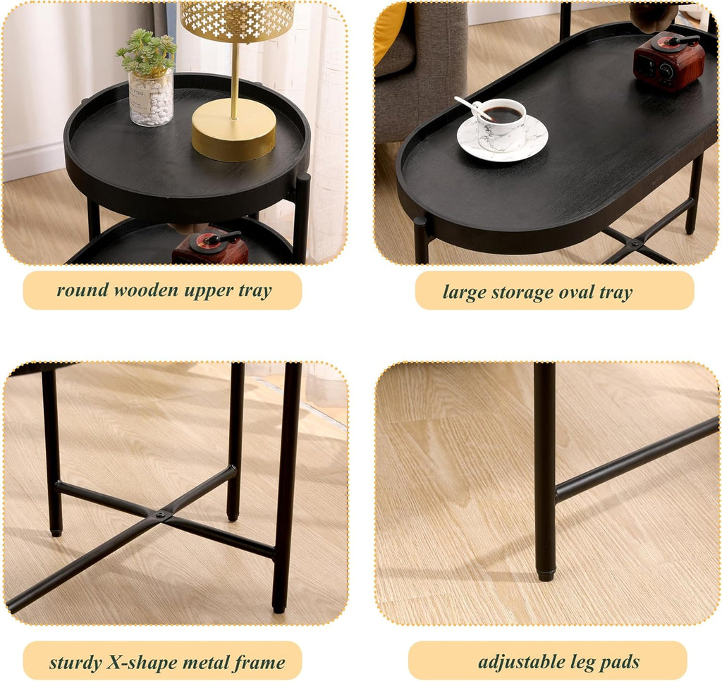 2 Tier Side Table with Storage Shelve Small Sofa Table Modern Metal End Table Coffee Table with Wooden Tray Top, Black