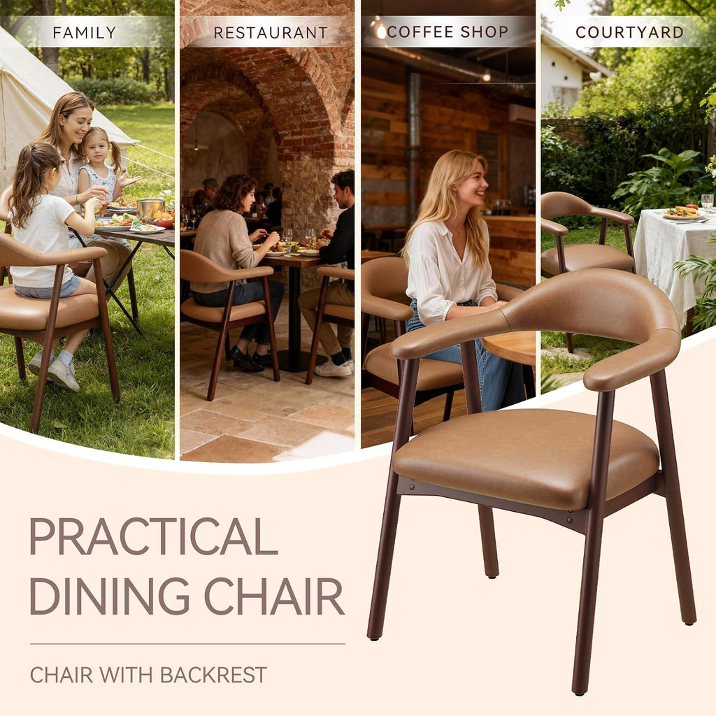 MALOL Leather Dining Chair with Armrest Set of 2, Upholstered Dining Room Chair with Curved Back and Wood Legs, Mid Century Modern Kitchen Chairs for Kitchen Dining Room,Brown