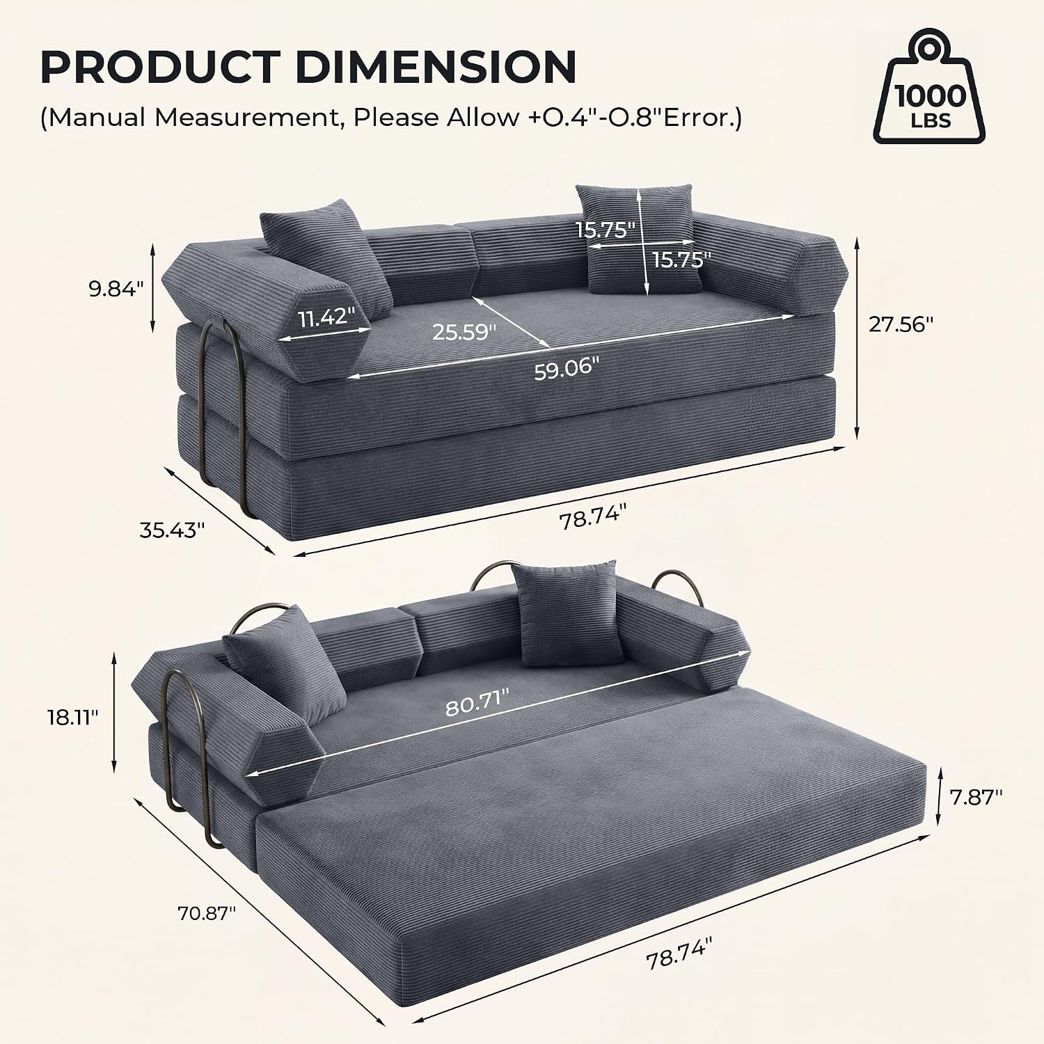 79" Convertible Futon Sofa Bed, Couch for Living Room | Dark Gray | Corduroy Loveseat Sleeper Sofa, Modular Futon Couch with Pocket Spring Core, Pull Out Couch No Assembly