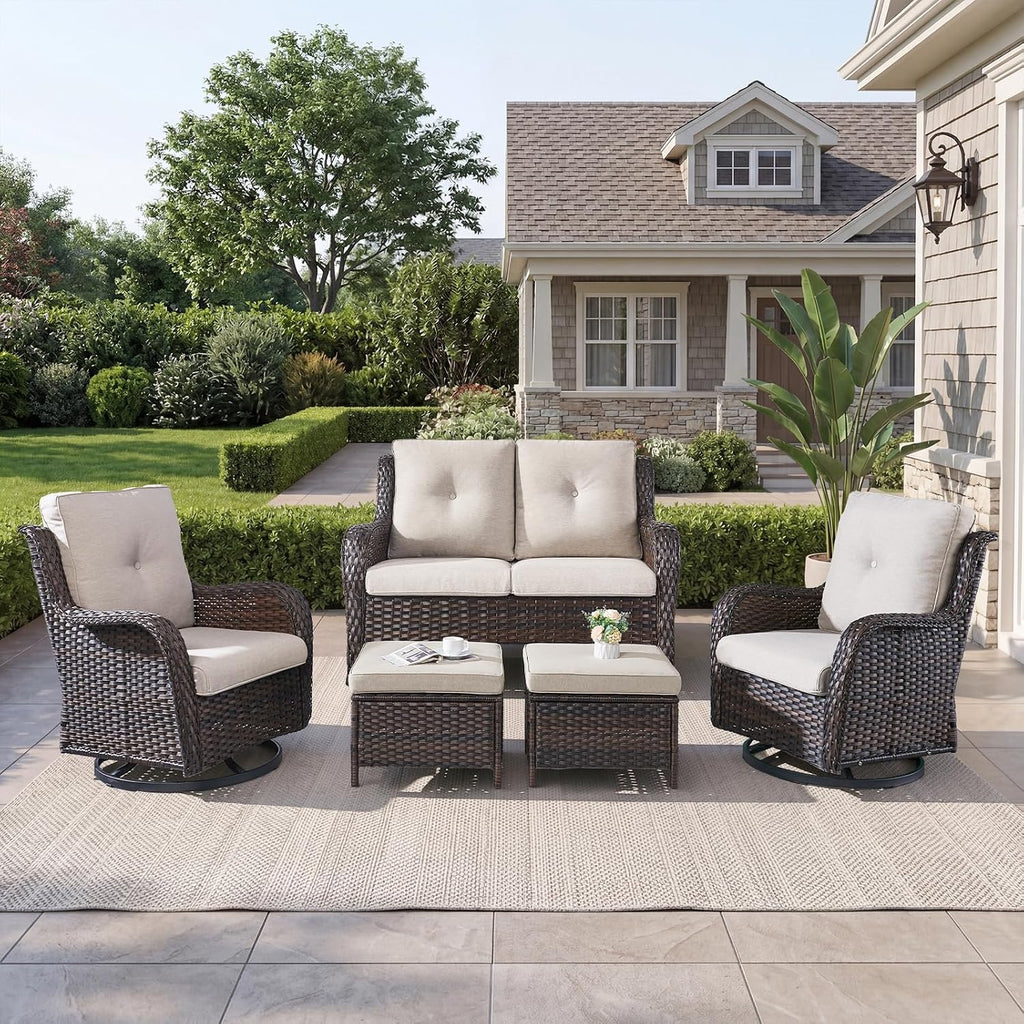 Belord 5 Piece Wicker Patio Furniture Set, Outdoor Swivel Rocker Chairs Set of 2 with Ottomans and Loveseat, All Weather Patio Conversation Furniture Set, for Porch Pool, Brown Wicker/Beige