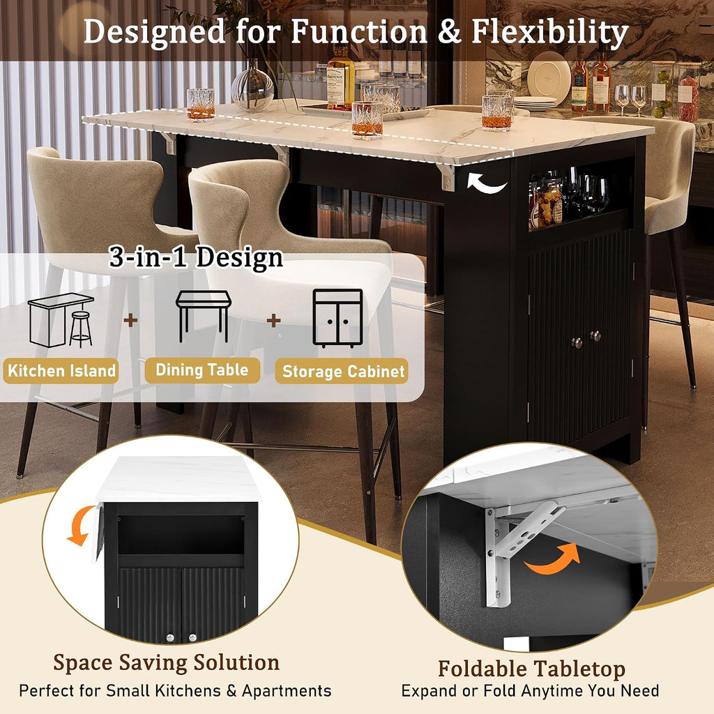3-in-1 Dining Table with Foldable Tabletop & Marble Grain Top, Black+Walnut | 2-Door Storage Cabinet, Adjustable Shelves, Side Hooks, MDF Wood With Aluminum Handles For Kitchen & Dining Room