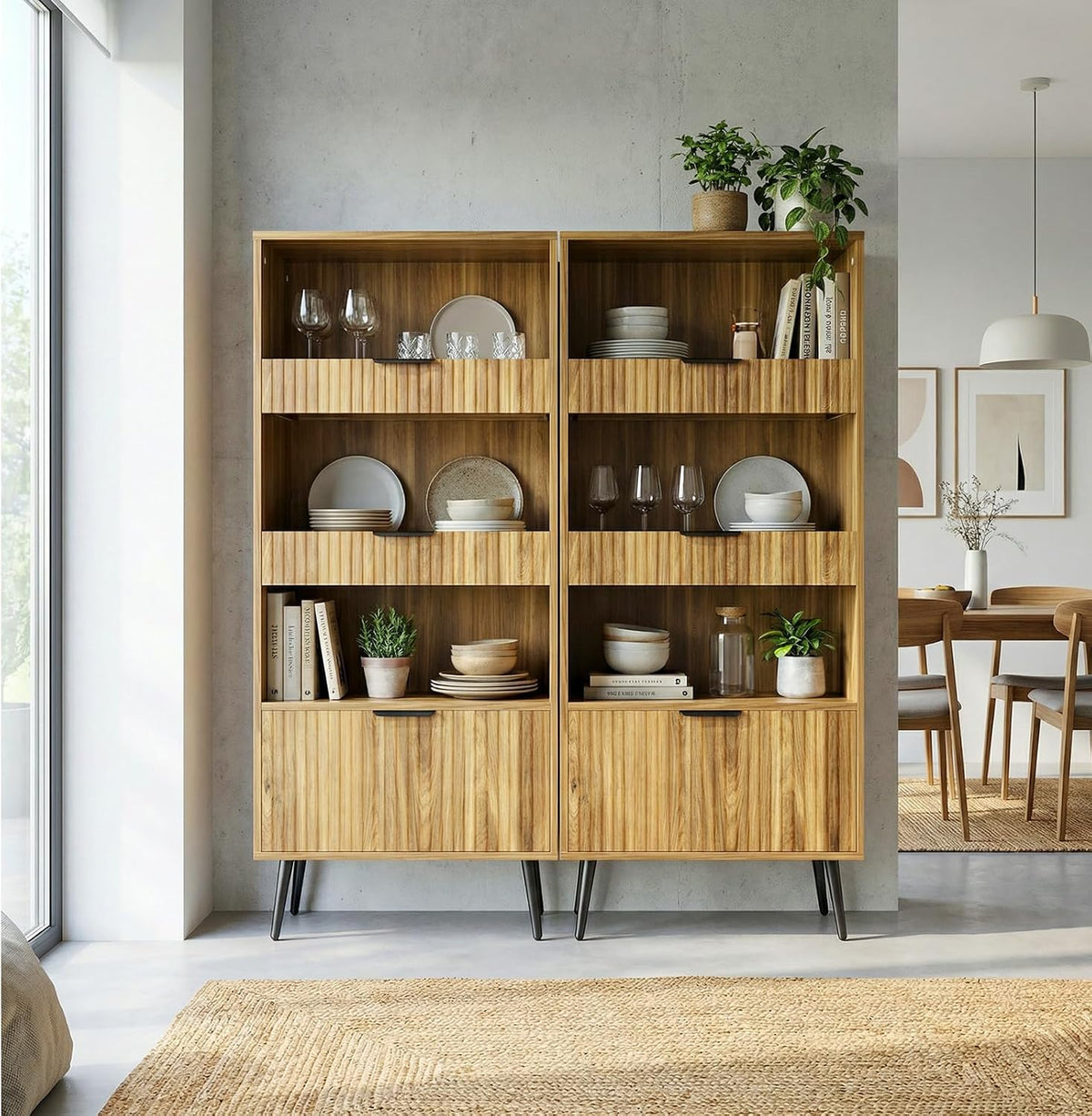 Bathroom Storage Cabinet Set of 2, 47.2" Wide 5-Tier Freestanding Pantry Cabinet with 6 Extra-Large Drawers & 2 Open Shelves, Fluted Floor Organizer Cupboard for Kitchen, Living Room, Yellow Oak