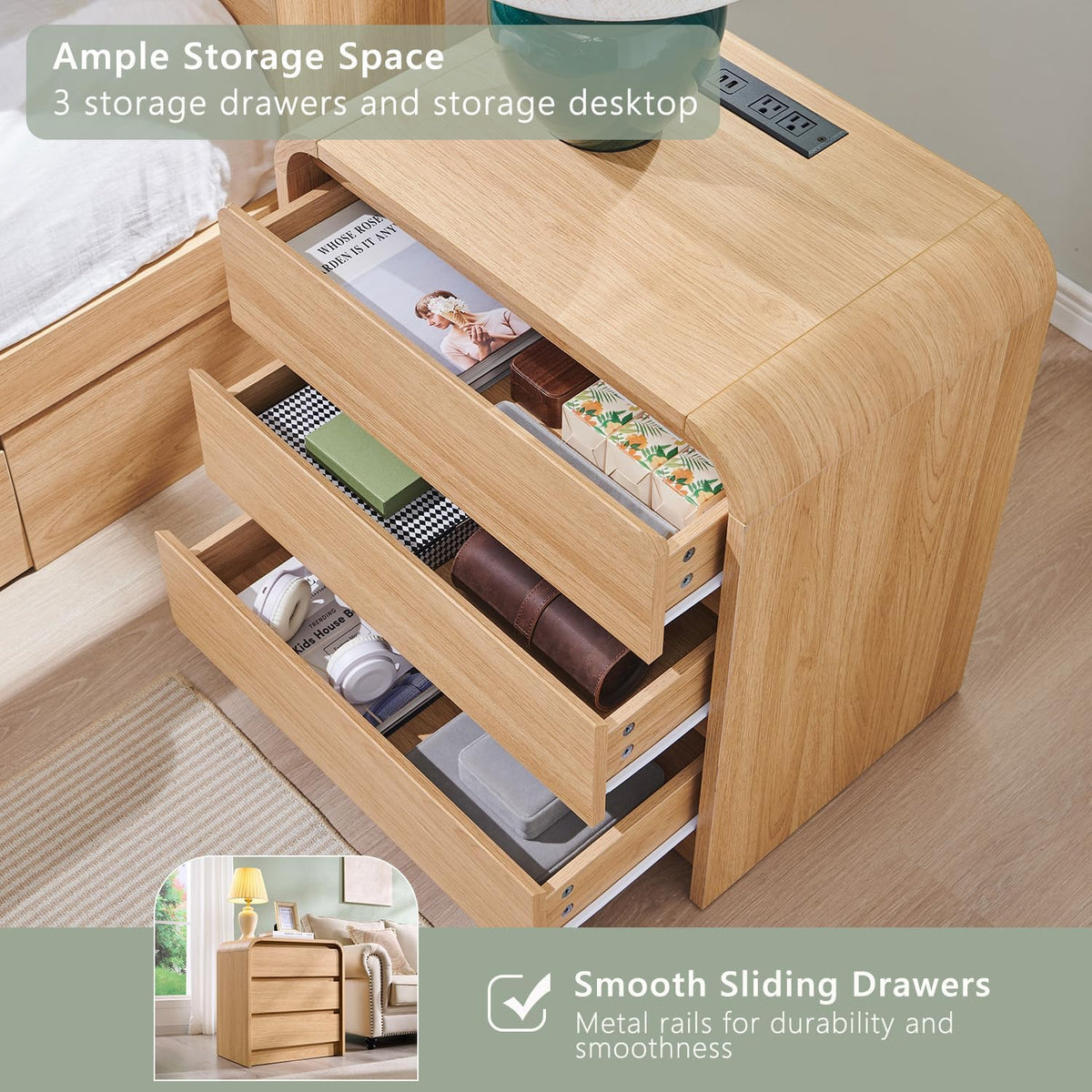 Aitjunz 25" Tall Modern Nightstand with Charging Station, 23.6'' Wide Wood Bedside Table w/3 Storage Drawers, Small Dresser w/Curved Profile Design, End Table for Bedroom, Natural Oak