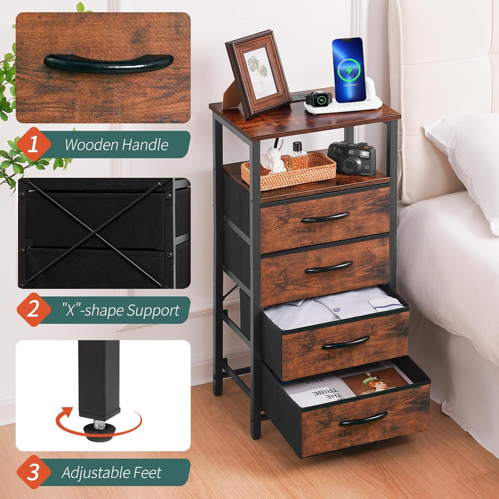 Yoobure Night Stand - LED Rustic Nightstand with Charging Station for Dorm | Bedside Table with 4 Storage Drawers and Storage Shelf, End Table with USB Ports and Outlets, Tall Nightstand for Bedroom