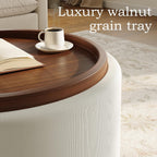 Round Storage Ottoman Coffee Table with Walnut Tray, 30'' Round Ottoman with Storage, Modern Upholstered Coffee Table with with 4 Casters for Living Room, Linen Fabric, Beige