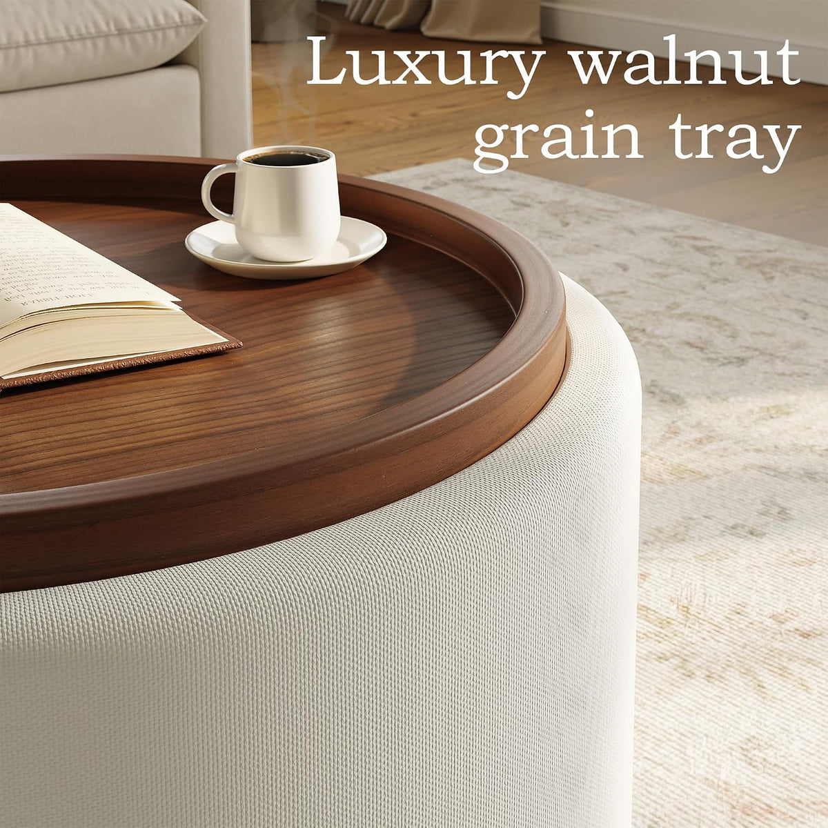 Round Storage Ottoman Coffee Table with Walnut Tray, 30'' Round Ottoman with Storage, Modern Upholstered Coffee Table with with 4 Casters for Living Room, Linen Fabric, Beige