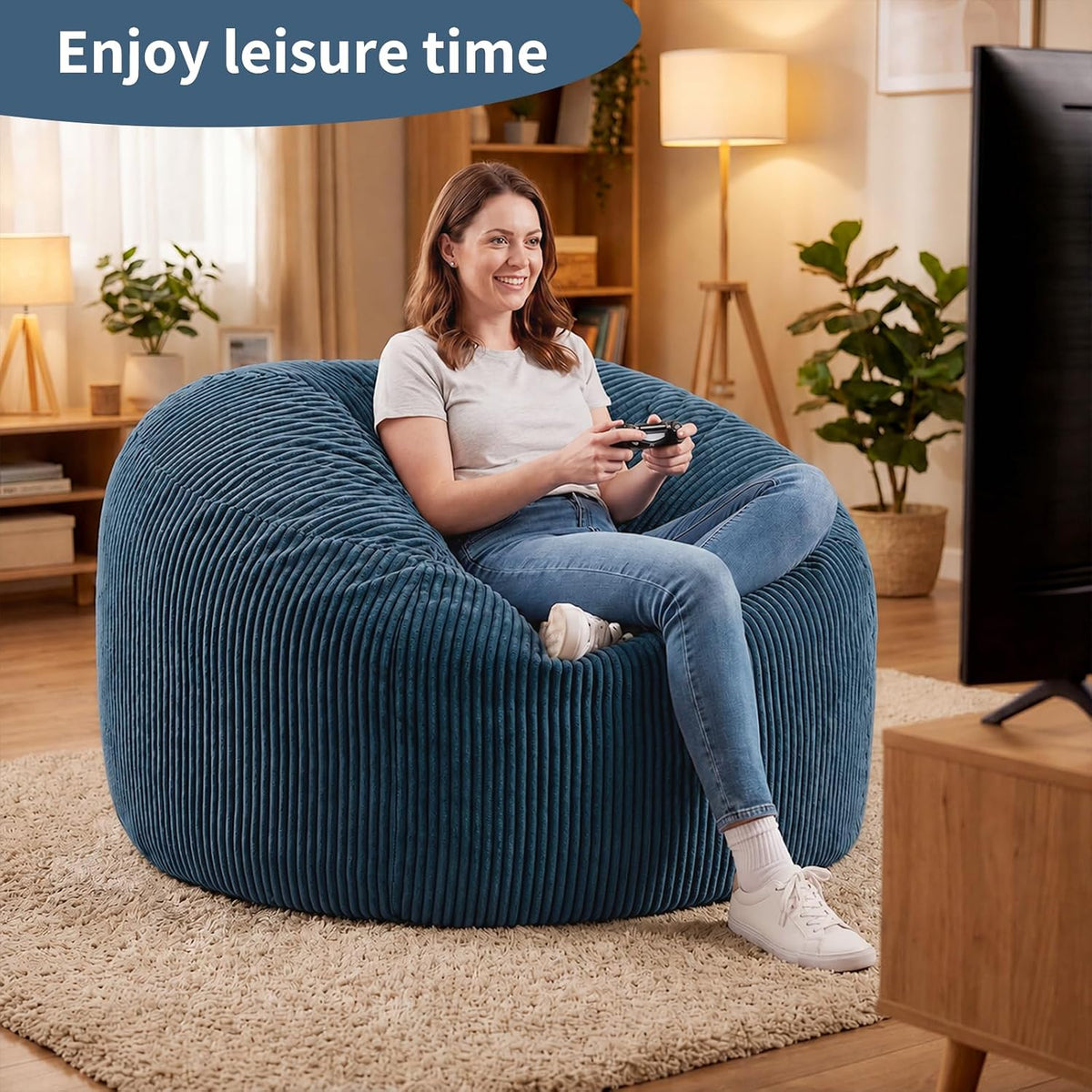 3FT Bean Bag Chairs for Adults, Medium Memory Foam Beanbags with Machine-Washable Wide Stripe Plush Cover Bean Bag Chair for Living Room Bedroom Dorm Office-Dusty Blue