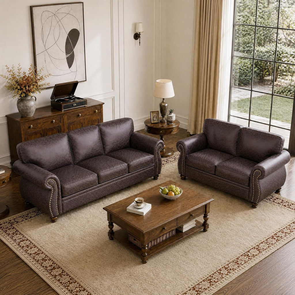 Couchus 88" W Living Room Furniture Sets, 3-Seater&Loveseat, Brown | Faux Leather Fabric Sofa and Couch Sets, Mid-Century Sofa Set with Nailhead Trim