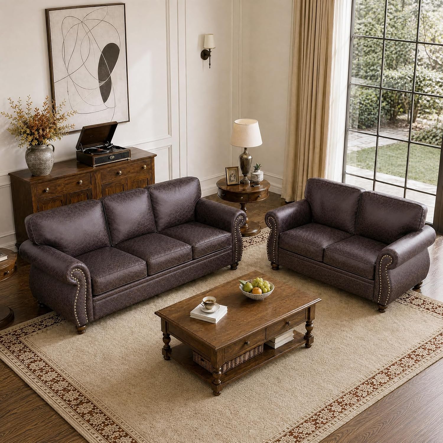 Couchus 88" W Living Room Furniture Sets, 3-Seater&Loveseat, Brown | Faux Leather Fabric Sofa and Couch Sets, Mid-Century Sofa Set with Nailhead Trim