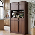 72" Pantry Cabinet, Tall Kitchen Pantry Storage Cabinet with Countertop, Adjustable Shelves, Mid Century Modern Wooden Kitchen Hutch with Skeleton Lines for Living Room, Dining Room, Walnut