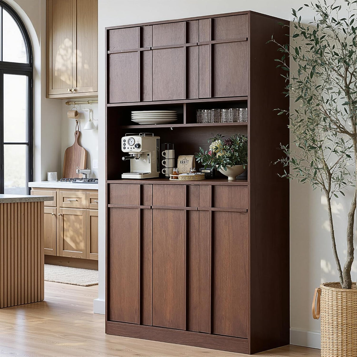 72" Pantry Cabinet, Tall Kitchen Pantry Storage Cabinet with Countertop, Adjustable Shelves, Mid Century Modern Wooden Kitchen Hutch with Skeleton Lines for Living Room, Dining Room, Walnut