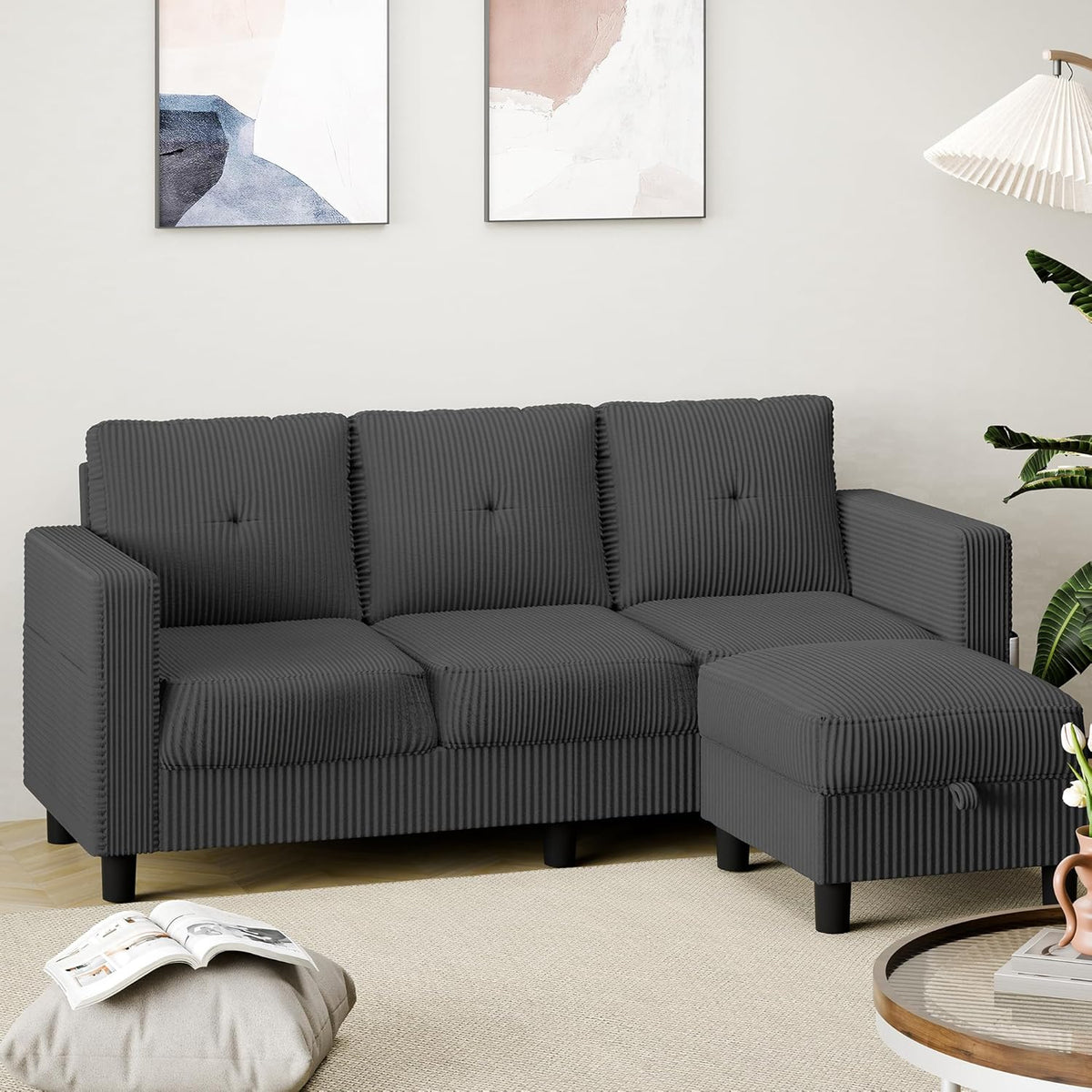 Shintenchi 76" Modern Upholstered Sectional Sofa Couch,L-Shaped Convertible Sofa with Storage Ottoman,Comfy Couches with Side Storage Pockets for Living Room,Dark Gray Corduroy Fabric
